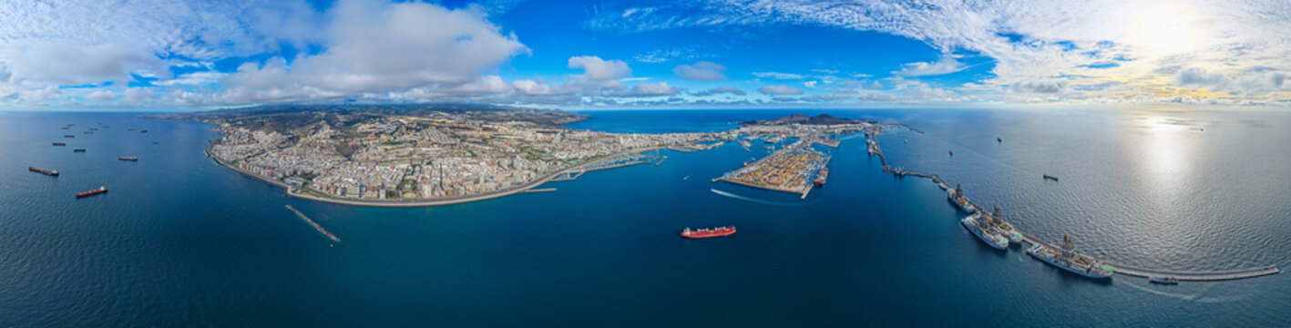 Ultra-Wide Aerial Panorama of Port of Las Palmas; Oil Refinery, Drillships, and Global Maritime Logistics