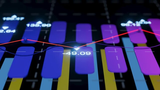 Data visualization shows colorful infographic with graphs and numbers on a black background during a financial analysis.