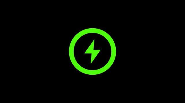 Green battery charging animation with power icon on black background, representing energy, charging and power status.