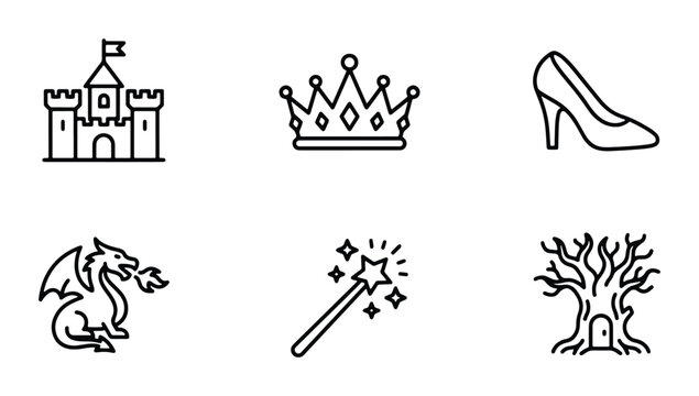 Fairy Tale Icons: Castle, Crown, Glass Slipper, Dragon, Magic Wand, Enchanted Tree, Vector Graphics for Fantasy Stories, Children's Books, and Royal Themes