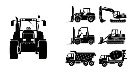 Construction Vehicles Silhouette Set: Tractor, Excavator, Forklifts, Bulldozer, Dump Truck, Mixer © Danang