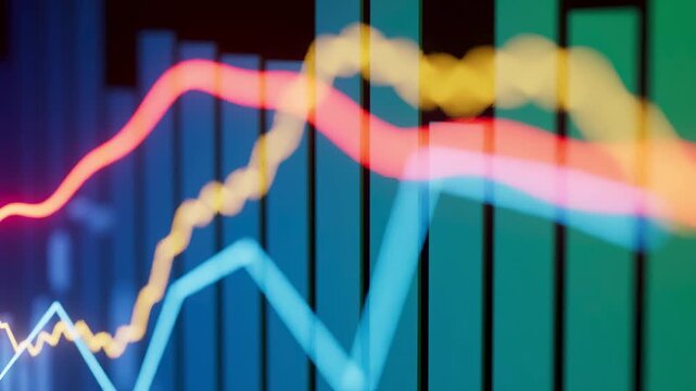 Business growth shown with colorful graphs and lines representing data over time for analysis and decision making in financial reports.