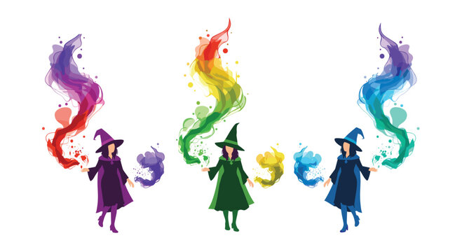 Three female witches in pointed hats and robes hold streams of magical, colorful smoke that flows upward in rainbow gradients against a plain white background.