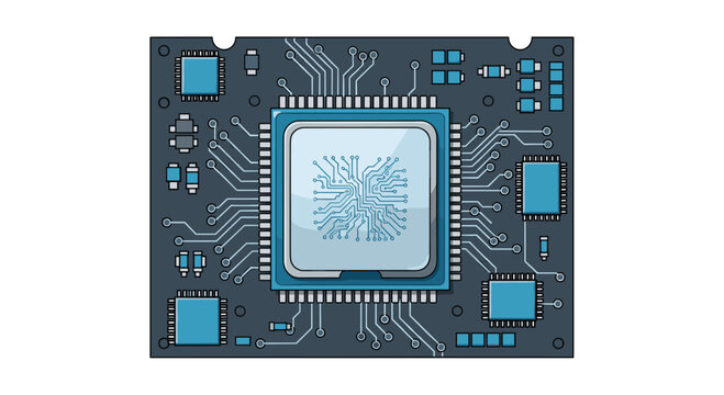 A central microprocessor unit is positioned in the middle of a motherboard featuring various interconnected integrated circuits and electrical components on a clean white backgroun