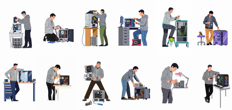 A diverse collection of illustrations depicting professional technicians and hobbyists assembling, repairing, and upgrading custom desktop personal computer hardware systems.