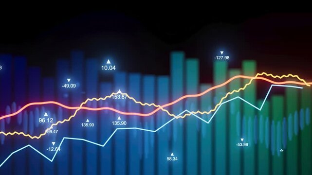 Trends in data analysis with graphs showing fluctuations over time in a dark environment.