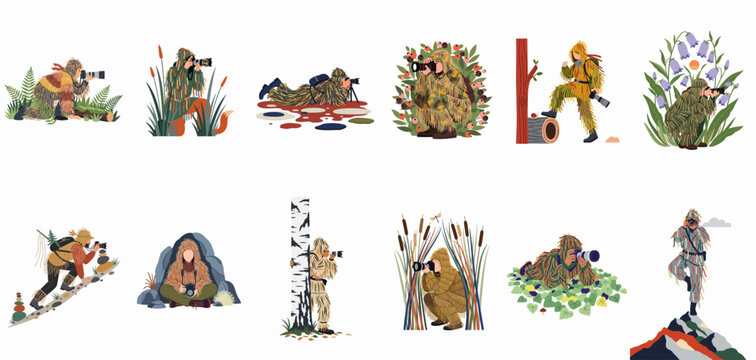 Set of Wildlife Photographers in Camouflage Ghillie Suits Hiding in Nature for Outdoor Photography Illustrations