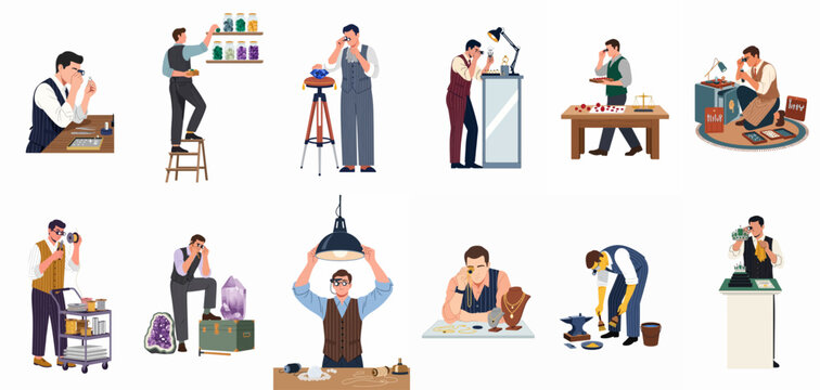 Collection of professional jeweler and gemologist characters working with precious stones, diamonds, and jewelry, flat vector illustration on white background.