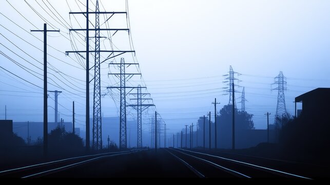 Utility poles and tall transmission towers extend into the hazy distance, carrying electrical wires above parallel train tracks, symbolizing power, infrastructure, and an industrial route