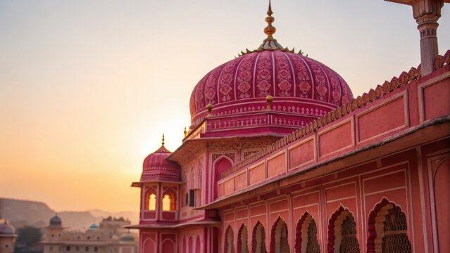 Stunning view of indian pink city jaipur with intricate architecture and glowing sunset creating warm and peaceful atmosphere
