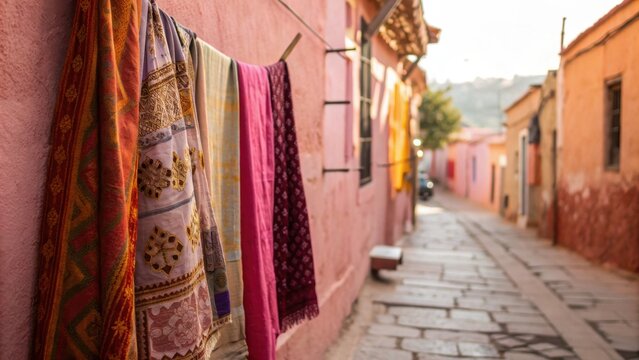 Colorful fabric hanging on wall in indian pink city street with warm light and traditional charm in jaipur