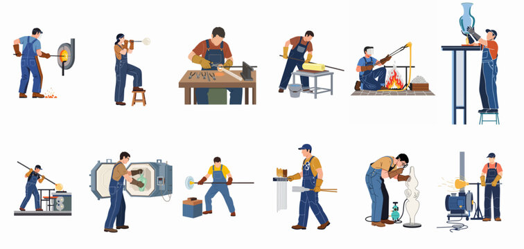 Set of glassblower characters performing various tasks in a studio, from melting and blowing to shaping and inspecting finished glassware.