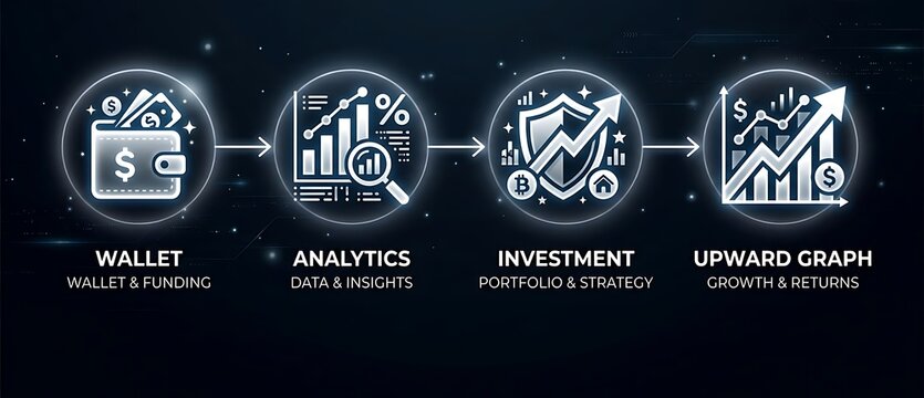 Digital fintech workflow process infographic with glowing icons representing wallet funding analytics data investment strategy and upward growth returns on dark background