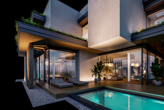 3d rendering of two-story house with parking and pool for sale or rent with concrete facade and beautiful landscaping on background. Clear night isolated on black
