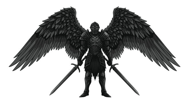 A dark armored knight with massive black wings holds two crossed swords in a balanced symmetrical stance against a plain white background with high contrast monochrome.