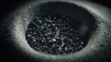 Fototapeta premium Dark granular surface with a textured, gritty landscape and a central depression filled with sparkling crystalline fragments, metallic shimmer and microscopic detail