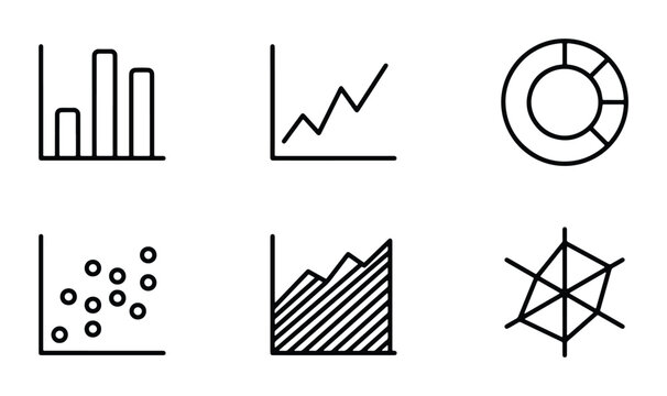 Modern Data Visualization Icons Set: Bar Chart, Line Graph, Pie Chart, Scatter Plot, Area Chart, Radar Chart, Business Analytics, Infographic Elements, Simple Vector Graphics