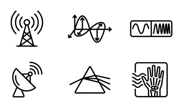 Science and Technology Icons: Radio Tower, Electromagnetic Waves, Spectrum Analyzer, Satellite Dish, Prism, X-ray Scan, Vector Set for Digital Communication and Research