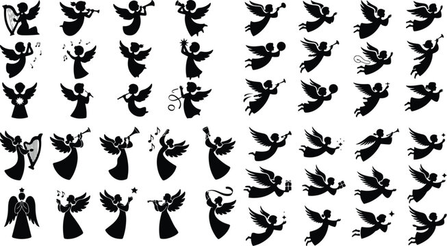 Christmas Angel Silhouette Icon Collection Set