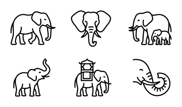 Elephant Icon Set, Vector Graphics Collection: Majestic African and Asian Elephants, Baby Elephants, Decorative Howdah, Line Art Illustrations for Wildlife and Safari Themes