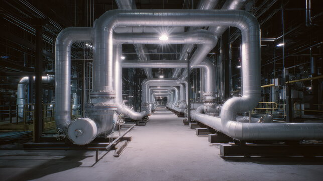 Industrial facility interior featuring a symmetrical arrangement of large silver insulated conduits and pipelines, conveying essential resources within a manufacturing or processing plant