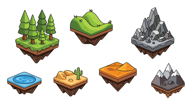 A set of six isometric game terrain tiles depicting varied natural biomes like forests and deserts against a clean white background in a vector art style.