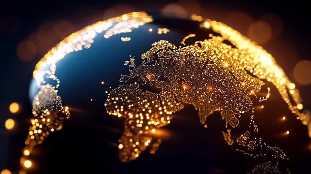 Glowing dots on digital tech globe, network lights, world data connectivity, gold on black background