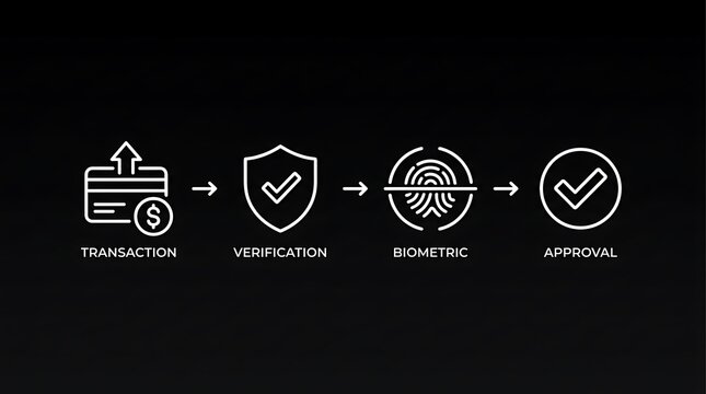 Digital payment flowchart infographic featuring minimalist white line icons for financial transaction verification biometric authentication and secure approval process