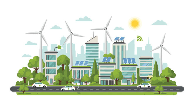 Modern green urban cityscape with wind turbines and solar panels integrated into smart city infrastructure featuring electric vehicles on a clean road during daytime.
