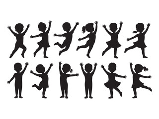 Obraz premium Collection of black silhouettes of happy children dancing, jumping, and celebrating with arms raised, isolated on a white background, representing joy, excitement, and childhood fun