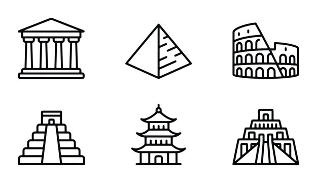 Ancient Landmark Icons: Greek Temple, Egyptian Pyramid, Roman Colosseum, Mayan Pyramid, Pagoda, Aztec Pyramid, Historical Architecture Vector Set