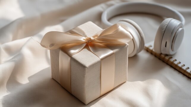 Beautifully wrapped neutral gift box with satin ribbon beside headphones and minimal planner