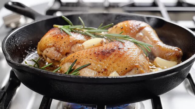 Delicious Chicken Legs Being PanSeared with Rosemary and Garlic.
