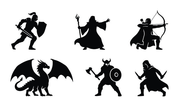 Fantasy Warrior Silhouettes: Dragon, Knight, Archer, Viking, Mage, Rogue Vector Icons for Game Design and Mythology Concepts