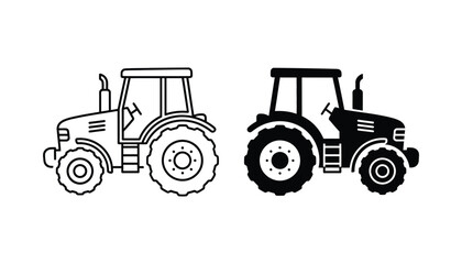 Obraz premium Heavy duty tractor vehicle icon set illustrating industrial farm machinery in line art and solid black silhouette for agricultural sector branding