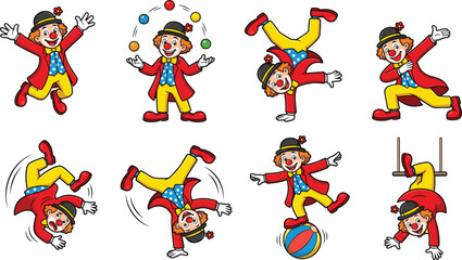 Obraz premium Clown cartoon vector set with circus performer in different poses, juggling, dancing and acrobatic actions, colorful playful characters for kids party and entertainment design