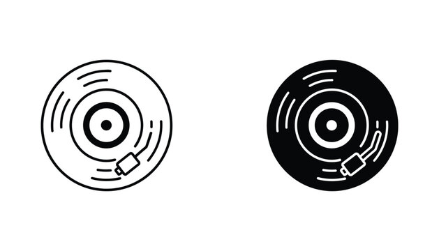 Vinyl record player icon set featuring outlined and solid silhouette designs for retro music branding and audio equipment concepts in minimal vector style