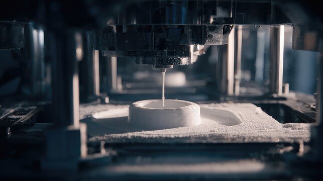 Industrial 3d printer building a complex object from fine white powder, utilizing additive manufacturing technology for rapid prototyping in a factory environment