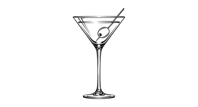 Martini glass with olive garnish on white background