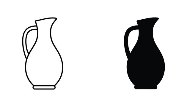 Elegant ceramic water pitcher or jug vector icon set with handle in outline and solid black silhouette styles for kitchenware and restaurant design