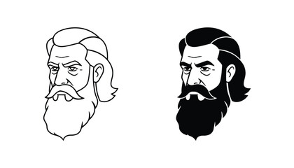 Bearded man with long hair profile portrait line art and silhouette vector icon set © Bengal