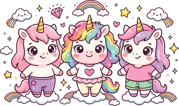 Cute kawaii unicorn cartoon characters with rainbows, clouds, fantasy elements, adorable vector illustration