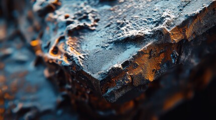 Fototapeta premium Rough industrial surface shows intricate blue and orange hues, highlighting its dense and textured material, creating an abstract background full of contrasts