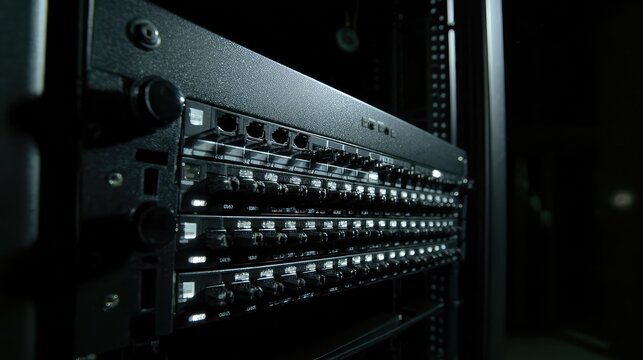 Server rack with multiple patch panel ports connecting data cables, creating a complex infrastructure for networking, internet, and communication technology in a data center environment