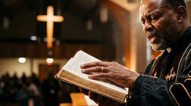 African American preacher reading the Holy Bible during a sermon in church. A glowing cross in the background with warm stage lighting. Concept of Christian faith, hope, and spiritual leadership