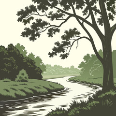 Flowing river through forest canopy vintage woodcut style illustration high quality © md aiub 