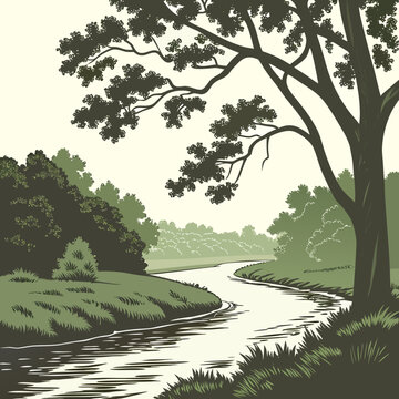 Flowing river through forest canopy vintage woodcut style illustration high quality