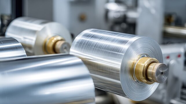 Aluminum foil layers winding into large rolls on a high speed manufacturing machine, highlighting the precision and scale of modern industrial production and metal processing