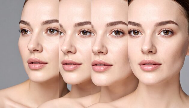 Elegant Young Woman Face Composite Posing Against Gray Studio Background