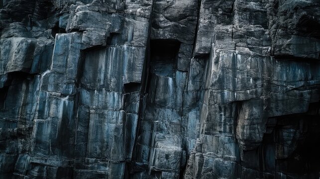 Weathered dark rock face with layered geological formations and rough textured surfaces, dramatic moody tones and abstract patterns ideal for rugged natural backgrounds